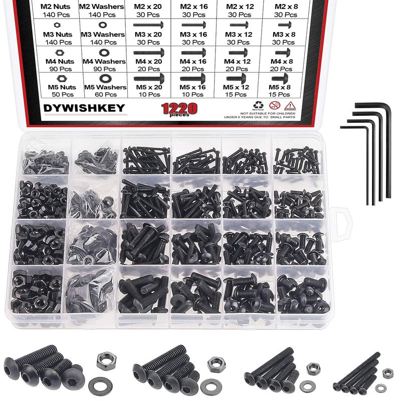 DYWISHKEY 1220 Pieces M2 M3 M4 M5, 10.9 Grade Alloy Steel Hex Button Head Cap Bolts Screws Nuts Washers Assortment Kit with Hex Wrenches - Image 1